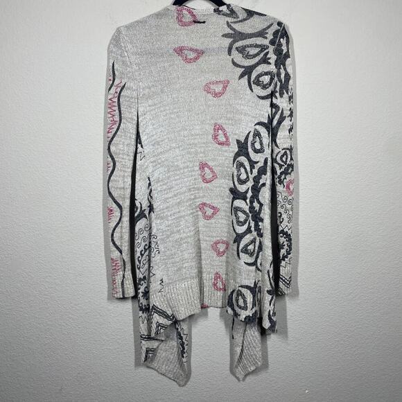 Desigual Small Boho Duster Cardigan Tan Geometric Heart Print Open Front - Picture 3 of 11